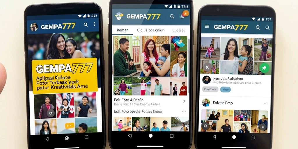 Tampilan antarmuka aplikasi GEMPA777 dengan fitur kolase foto yang menarik.